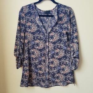 Bobeau Purple Floral Roll Tab Blouse XS